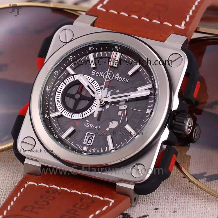 Bell and Ross SS Red Leather Band Replica Watch